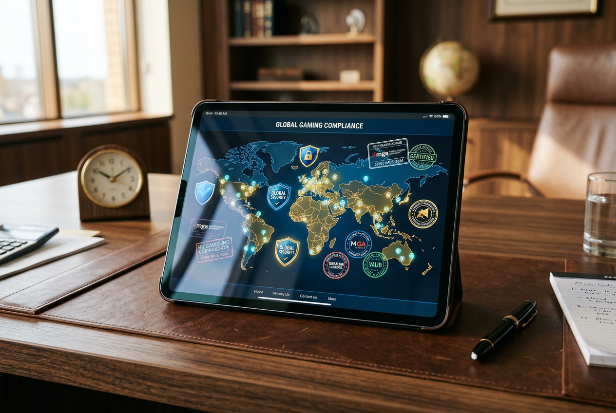 A digital tablet displaying various international gaming certification seals and a world map